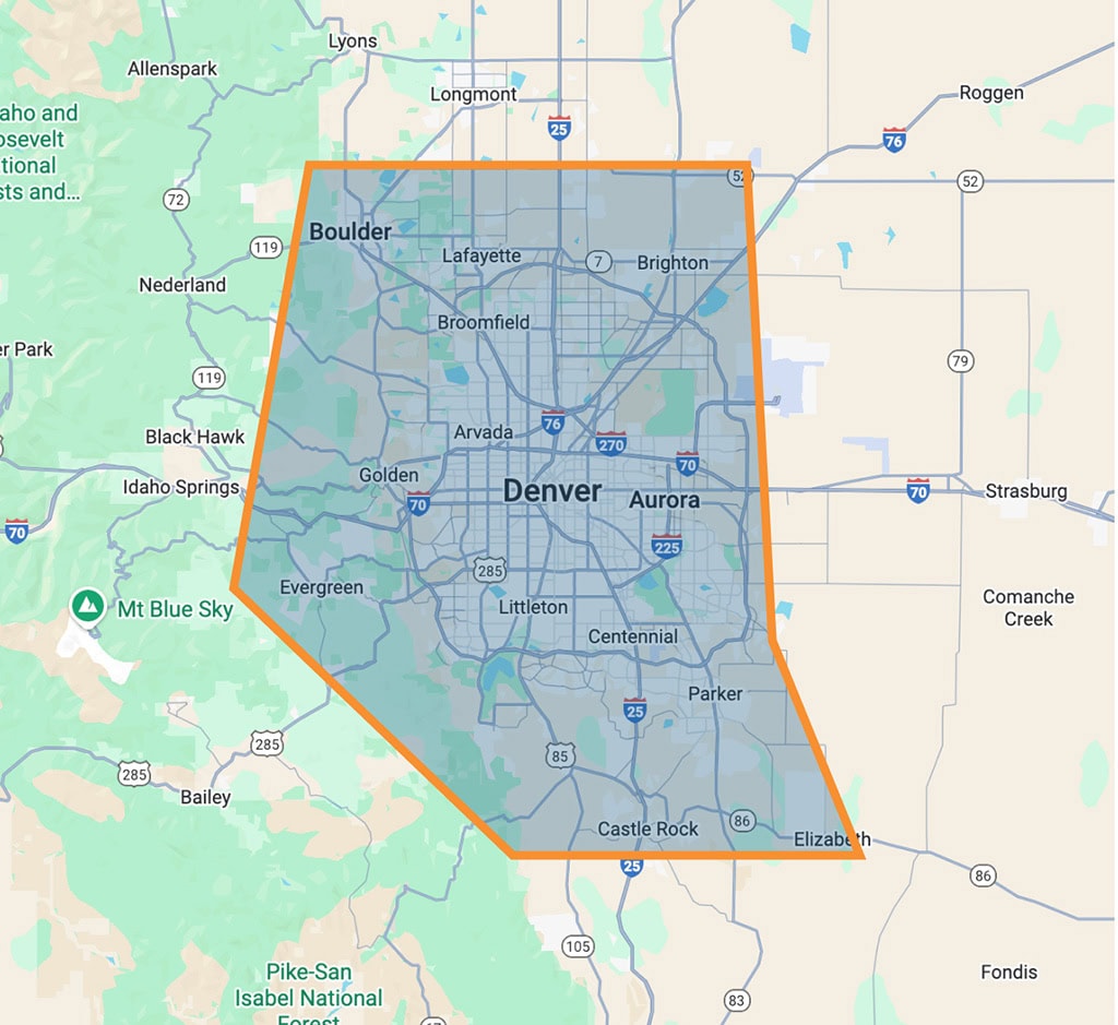 Royal Comfort service area map, covering Denver, CO, and the surrounding areas.